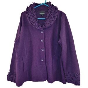 Cynthia Rowley Purple Ruffled Wool Cardigan Women's 1X Chunky Knit Sweater